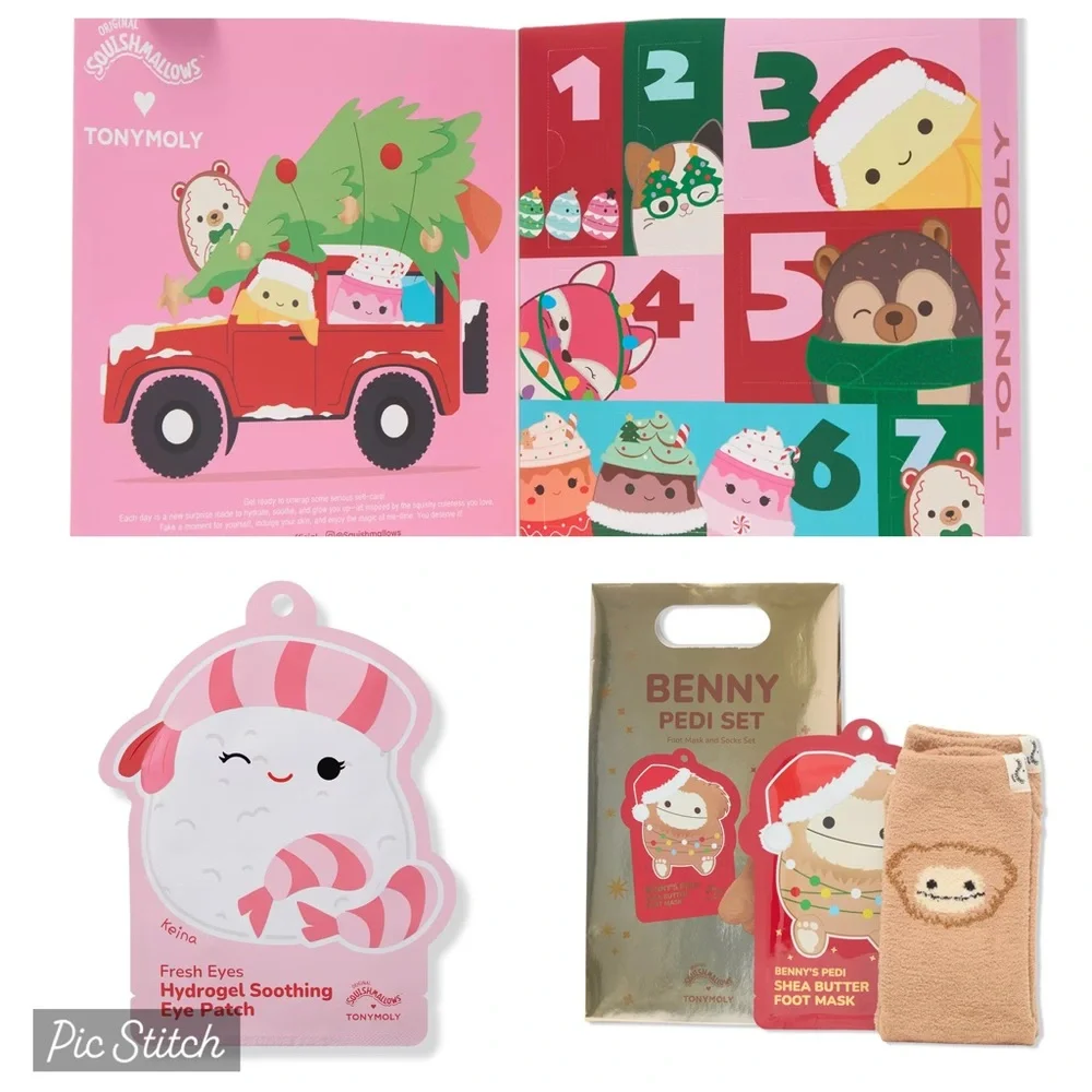 Squishmallows 7-day tween advent calendar, eye mask, foot mask/sock set—NWT